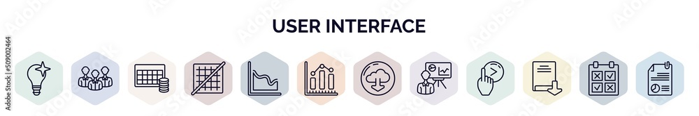 Poster set of user interface web icons in outline style. thin line icons such as new idea, humans, table for data, grid off, multiple variable lines, data analytics bars, download from the cloud, person