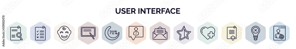 Poster set of user interface web icons in outline style. thin line icons such as search file, rule, smiles, blackboard with, loading indicator, anonymous message, open mail, black star, uploading file,