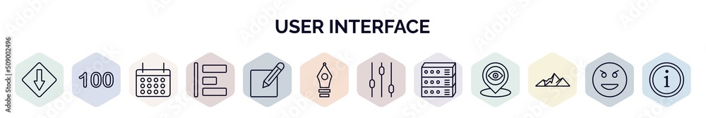 Poster set of user interface web icons in outline style. thin line icons such as low, one hundred, timetabl