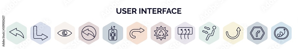 Poster set of user interface web icons in outline style. thin line icons such as back drawn arrow, down rig