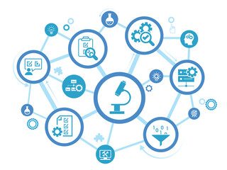 Research development vector illustration. Concept with connected icons related to project management, product design or engineering, business development	
