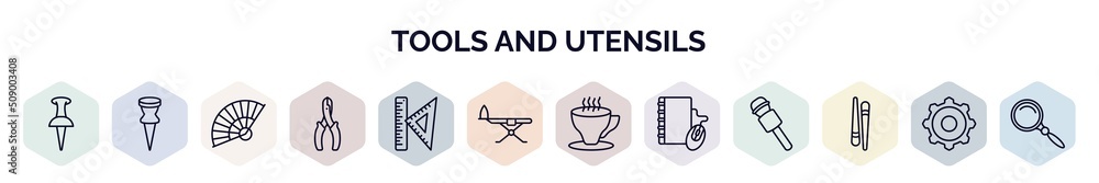 Aufkleber set of tools and utensils web icons in outline style. thin line icons such as push pins, attached, t