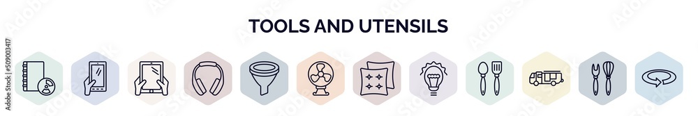 Poster set of tools and utensils web icons in outline style. thin line icons such as book with cd rom, hand