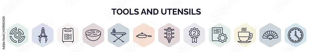 Aufkleber set of tools and utensils web icons in outline style. thin line icons such as radial, maths compass 