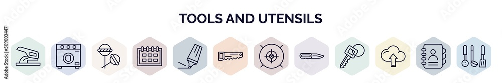 Aufkleber set of tools and utensils web icons in outline style. thin line icons such as hole puncher, top load