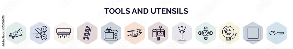 Aufkleber set of tools and utensils web icons in outline style. thin line icons such as megaphone side view, o