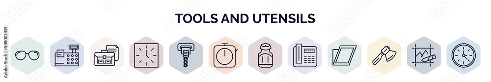 Aufkleber set of tools and utensils web icons in outline style. thin line icons such as optical, printing calc