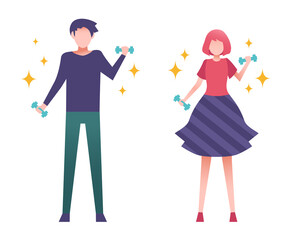 軽めのダンベルで運動する男女　人物フラットイラスト