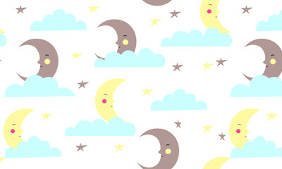 Cute sky pattern. Seamless vector design with smiling, sleeping moon, hearts, stars and clouds. Baby illustration.