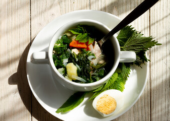 Chicken and wild plant soup with nettle, sorrel, aegopodium podagraria or ground elder . It is used as food and medicine. for healthy joints