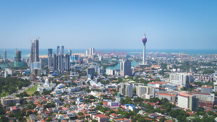 Background View of the Colombo city skyline with modern architecture buildings including the lotus...