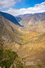 Mountain pass Katu-Yaryk with view on valley of the mountain river Chulyshman, Altai, Russia