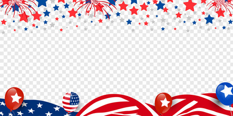 American event celebration transparent banner background waving USA flag, balloon, star, firework, etc. Vector illustration.