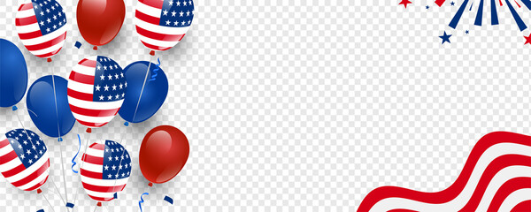 Fototapeta premium United States of America transparent banner background with floating American balloons. Vector illustration.