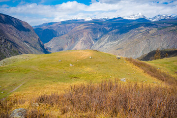 Mountain pass Katu-Yaryk with view on valley of the mountain river Chulyshman, Altai, Russia