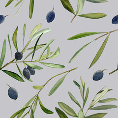 Watercolor hand drawn seamless pattern with olive leaf and olives.