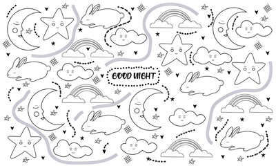 Cute sky pattern. Seamless vector design with smiling, sleeping moon, hearts, stars and clouds. Baby illustration.