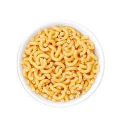 Italian pasta  in white cup isolated on white background. View from above