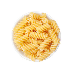 Italian fusilli pasta in white cup isolated on white background. View from above