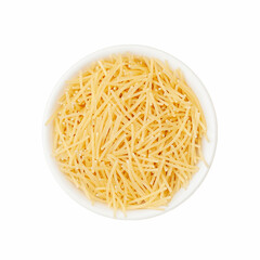 Vermicelli in a white cup on a white background. View from above