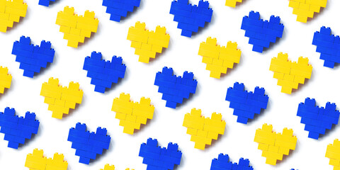 Hearts from blocks as background, geometric pattern from plastic blocks blue and yellow color, shapes heart from child construction. Top view repeat pattern, Toys and games - obrazy, fototapety, plakaty