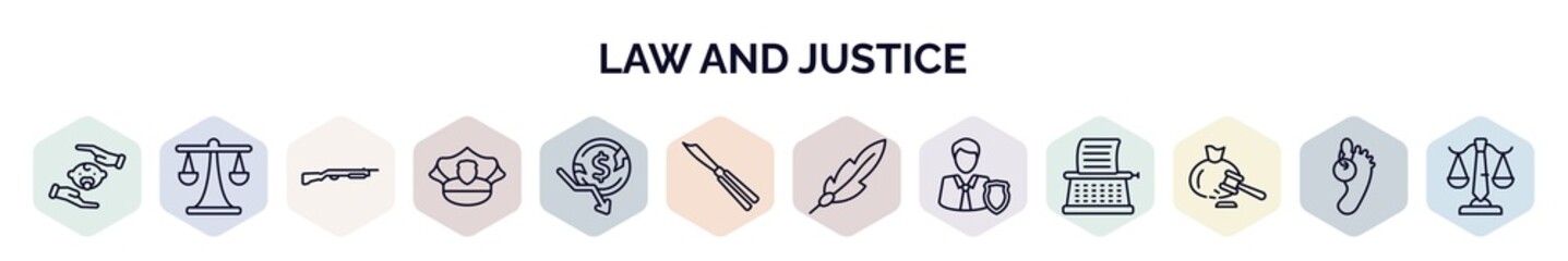 set of law and justice web icons in outline style. thin line icons such as child custody, justice scale, shotgun, police hat, bankruptcy, butterfly knife, feather pen, custody, inheritance law, - obrazy, fototapety, plakaty