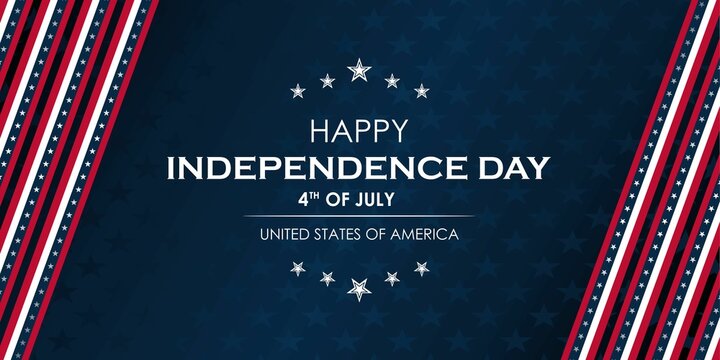 4th of July, Happy Independence Day Banner Vector illustration, with flag themed colors on a blue star pattern background.