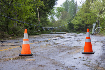 Two traffic cones are used to warn traffic of road closure due to uprooted trees and dangerous overhead power cables lying in road after high winds.