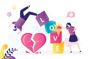 Frustrated woman beats cubes with inscription love. Sad man falls from block tower. Сouple broke up because love end. Lover faced relationship difficulties. Broken heart.