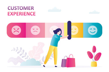 Customer experience. Woman moves slider on measurement scale. Positive feedback, online survey. Testimonials, high rank. Good quality product or service. Indicator shows level of satisfaction.