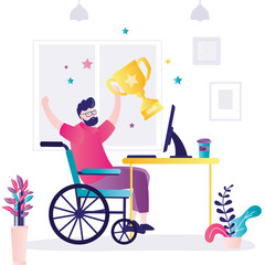 Businessman rejoices in award. Concept of leadership and goal achievement. Modern office interior design