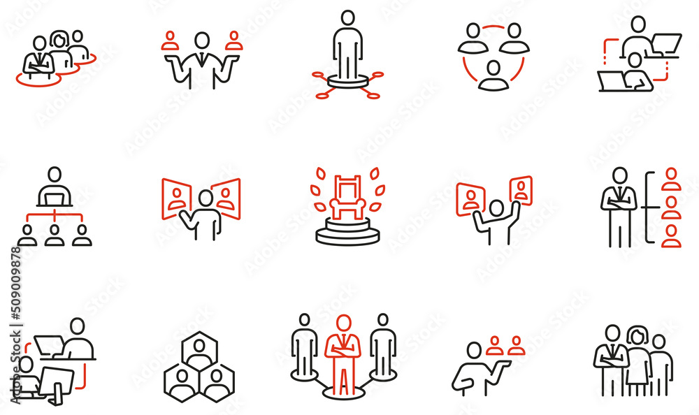 Poster vector set of linear icons related to hierarchy, enterprise management subordinate structure, human 