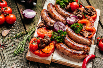 Obraz na płótnie Canvas Barbeque menu. Grilled meat assortment of tasty bbq snacks with vegetables on wooden board. banner, menu, recipe place for text, top view