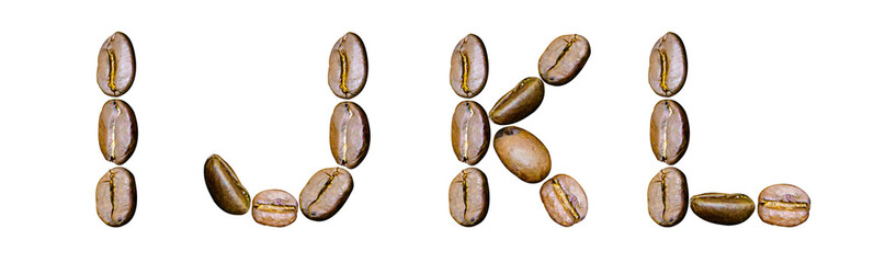 Letters I, J, K, L from coffee beans on a white background