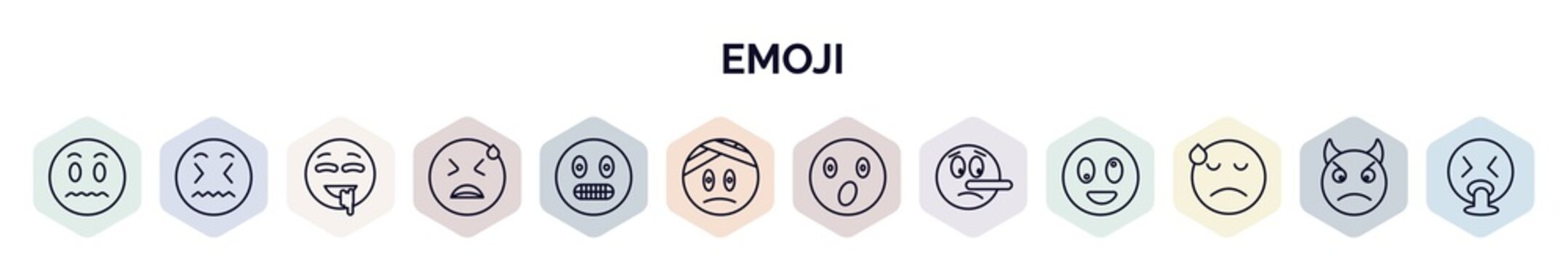 set of emoji web icons in outline style. thin line icons such as silent emoji, disgusted emoji, drool desperate nervous injured surprised lying dissapointment icon.