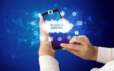 Hand using smartphone with cloud technology concept