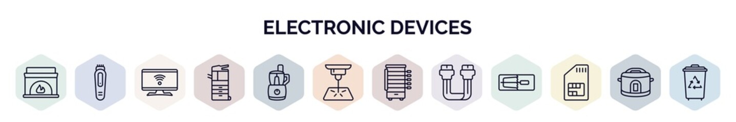 set of electronic devices web icons in outline style. thin line icons such as furnace, trimmer, smart tv, copier, food processor, laser hine, rotisserie, sata, sim icon. - obrazy, fototapety, plakaty