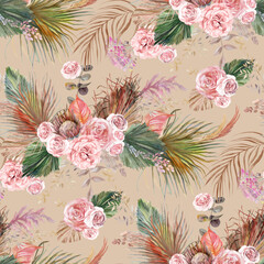 Watercolor seamless pattern with botanical composition of dried flowers with palm leaves