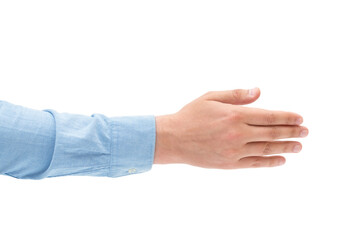 Male hand isolated on white background. The man holds out his hand for a handshake