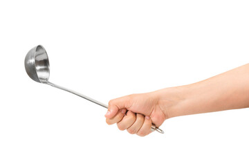 Hand holding a stainless steel ladle isolated on a white background