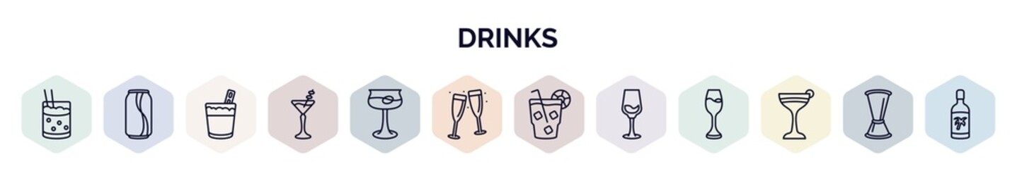 set of drinks web icons in outline style. thin line icons such as mind eraser drink, , white russian drink, manhattan drink, martinez, toast, cuba libre, glass with wine, flirtini icon. - obrazy, fototapety, plakaty