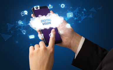 Hand using smartphone with cloud technology concept