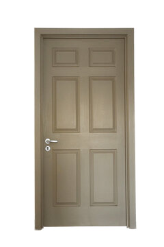 Closed wooden door with a handle on a white background