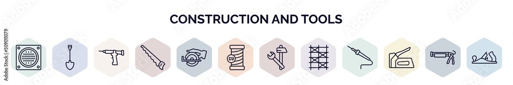 Aufkleber set of construction and tools web icons in outline style. thin line icons such as drain, spade, seal