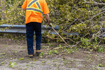 A road worker is seen from rear wearing high visibility clothing, using rake to clear the highway...