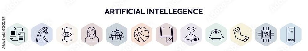 Poster set of artificial intellegence web icons in outline style. thin line icons such as file transfer, mo