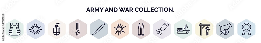 Poster set of army and war collection. web icons in outline style. thin line icons such as bulletproof, bom