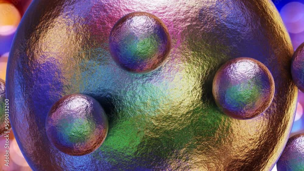 Poster realistic satisfying looping 3d animation of the textured metal colorful sphere with orbital rolling