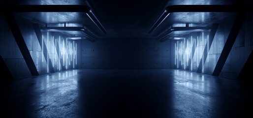 Grunge Sci Fi Blue Electric Cyber Neon Lasers Glowing Hangar Basement Parking Futuristic Industrial Empty Showcase Tunnel Corridor Concrete Asphalt 3D Rendering