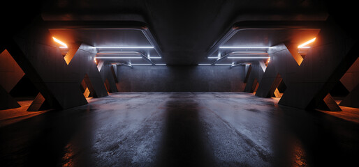 Sci Fi Futuristic Alien Industrial Basement Hangar Warehouse White Orange Laser Lights Grunge Concrete Cement Asphalt Parking Underground 3D Rendering